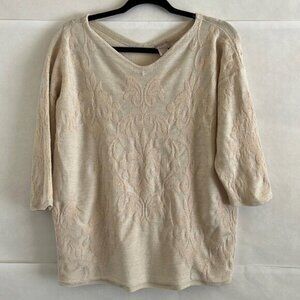 Chico’s Sweater L Ivory Cream Shimmer Double V Neck Baroque Knit Top Holiday